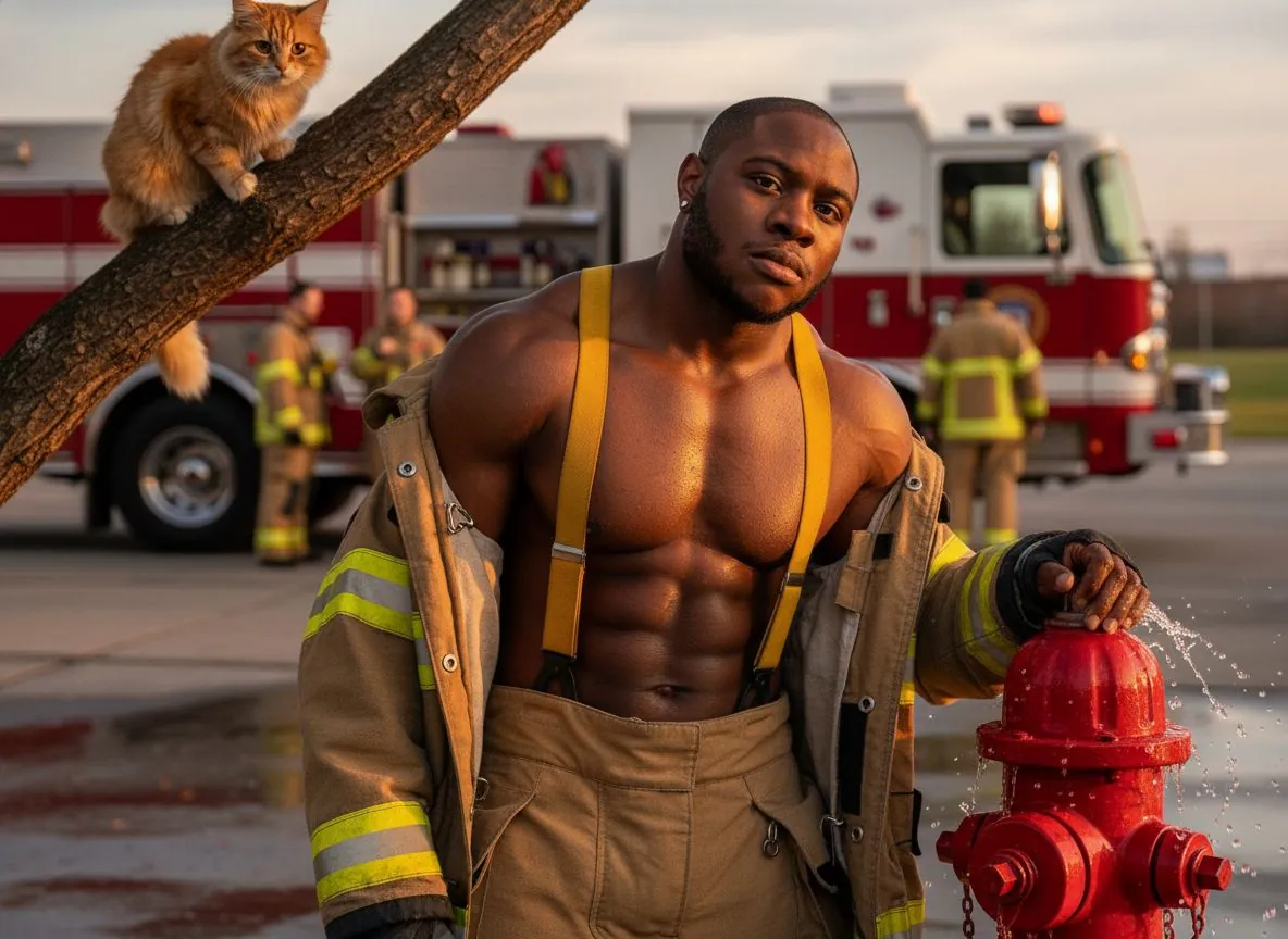 April: Firefighter with Kitten (illustrative AI example)