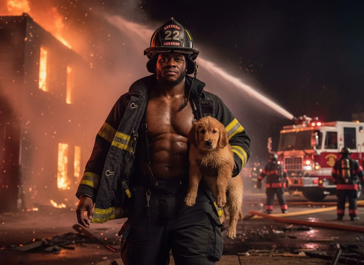 August: Firefighter Saving a Puppy from Burning Building (illustrative AI example)